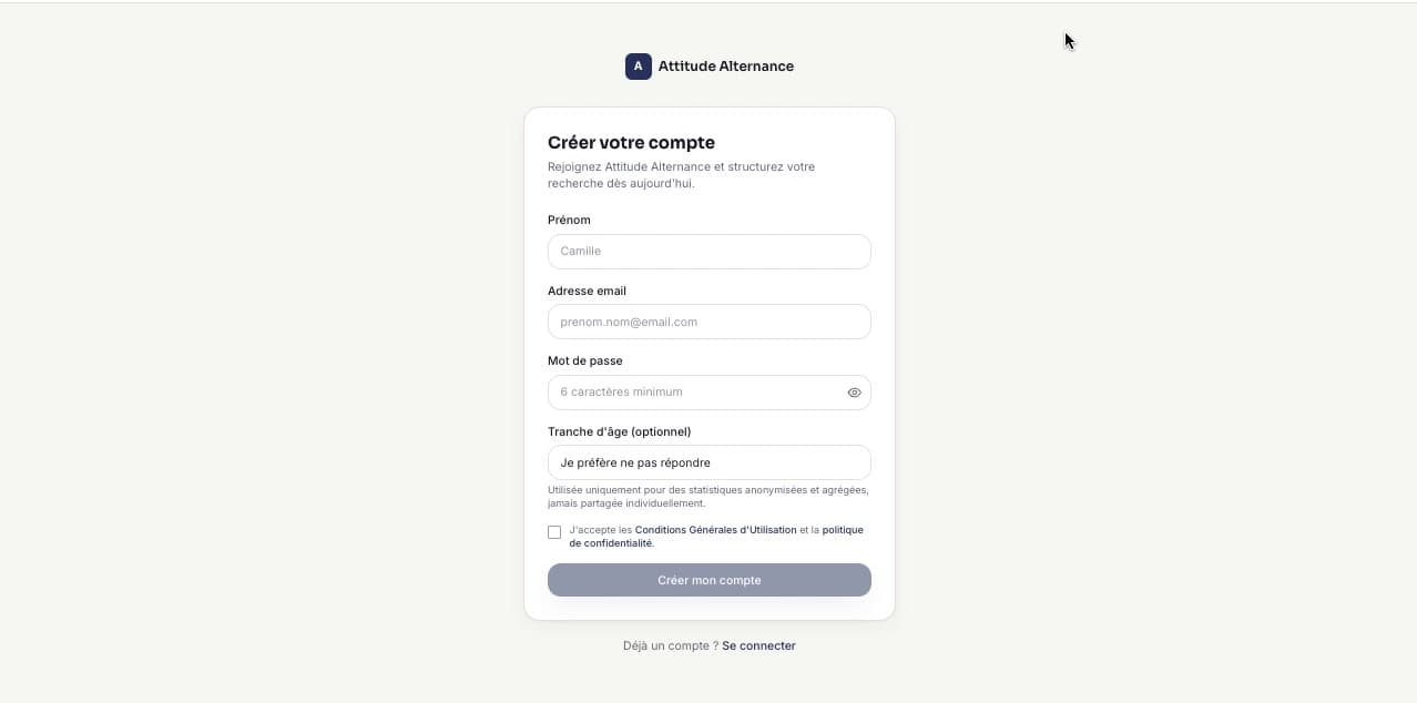 Page d'inscription Attitude Alternance