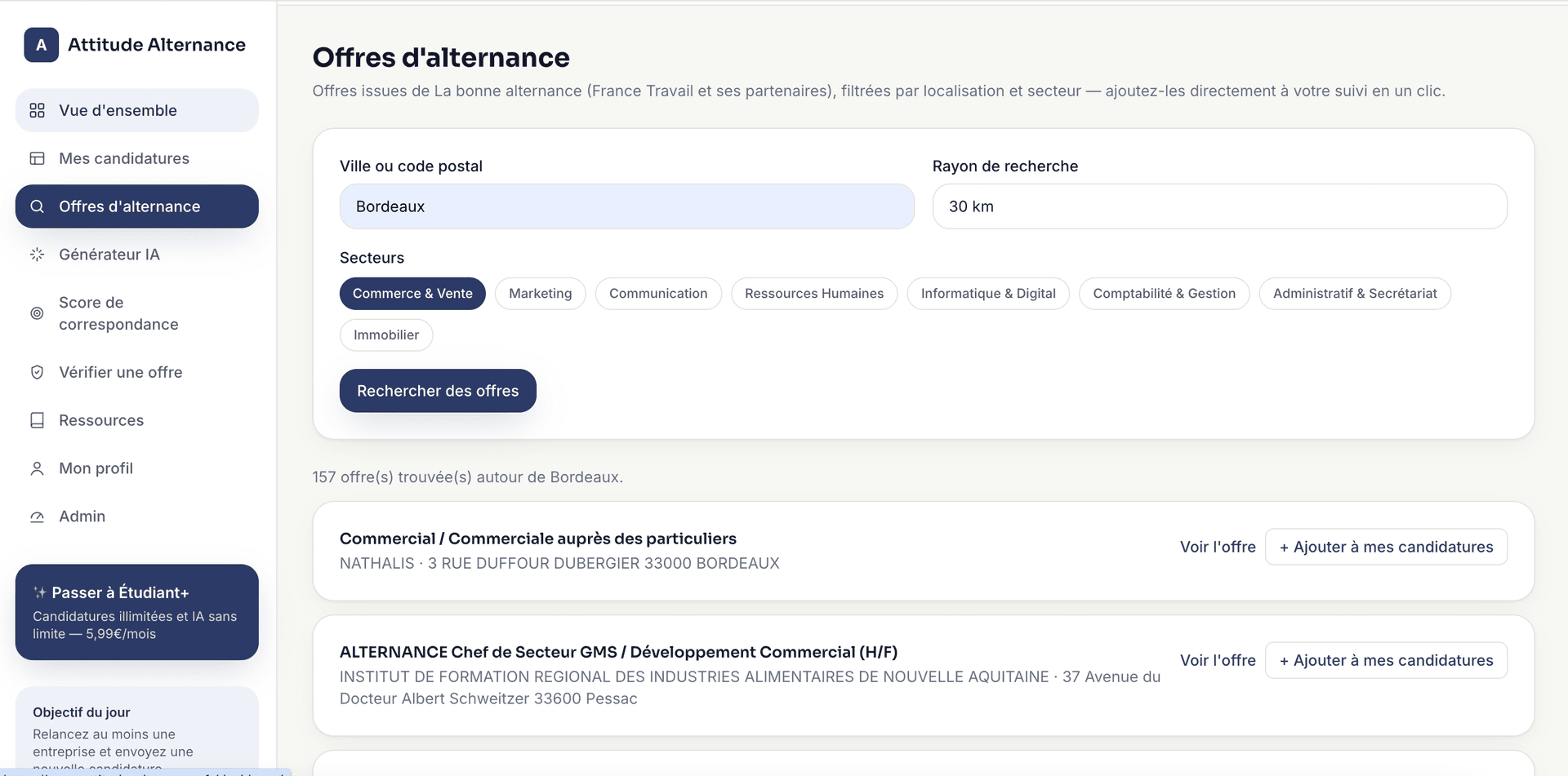 Page de recherche d'offres d'alternance avec résultats et bouton d'ajout